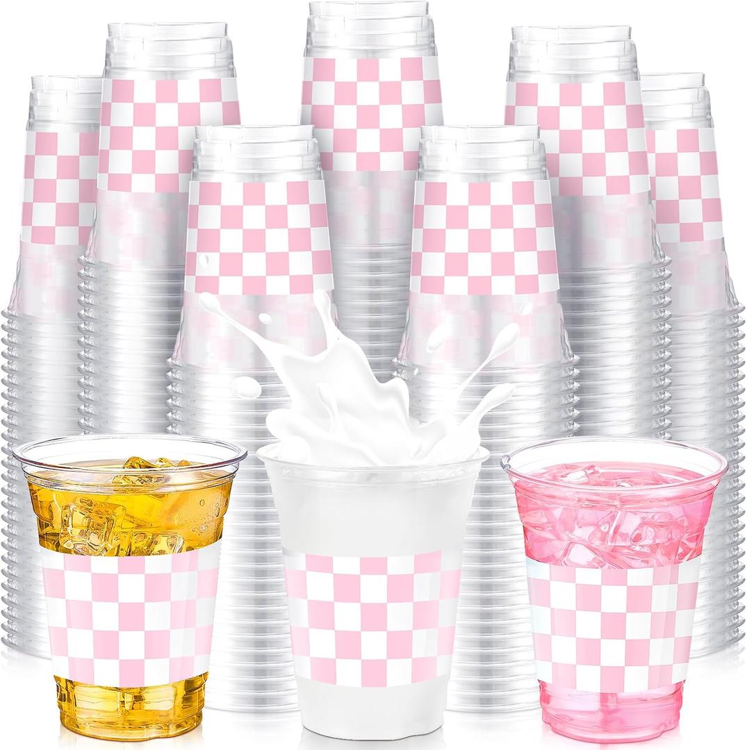 SiliFine 50 Pcs 12 oz Pink Checkered Plastic Cups Clear Disposable Gingham Plaid Party Cups for Racing Theme Birthday Wedding Baby Shower Party Decorations
