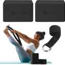 Gaiam Yoga Block - Supportive Latex-Free Eva Foam - Soft Non-Slip Surface with Beveled Edges for Yoga, Pilates, Meditation Black, 2 Blocks w/Strap