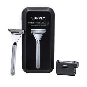 SUPPLY Single Edge Max Razor for Men Premium Metal Single-Blade Safety Razor with Pivoting Head for Fewer Cuts and Irritation Includes 8 Blades & Magnetic Reload System Sterling