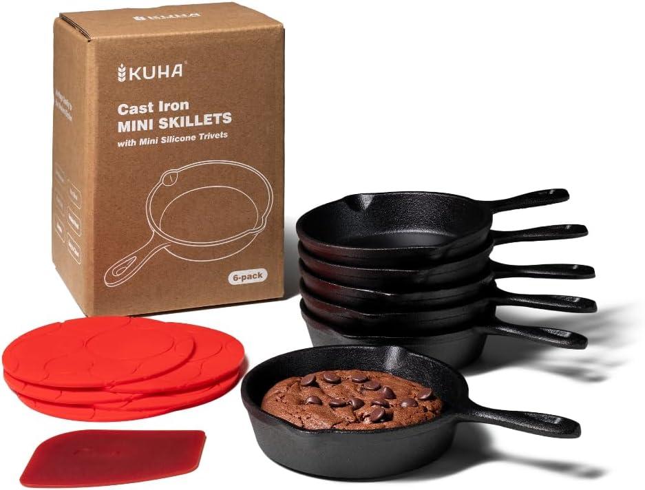 KUHA Mini Cast Iron Skillets 4' (Pack of 6) - Black Non Stick Frying Pans with 6 Small Silicone Trivets and Scraper - Set of Miniature Skillets, Small Frying Pan Skillet with Lid