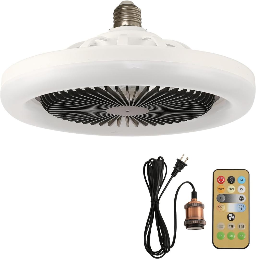 socket fan light Plug in Ceiling Fan With Light and Remote Control Comes with 9.84ft Plug Cable,Enclosed Small Screw in Ceiling Fan In Light for Suitable for kitchens, restaurants, storage rooms