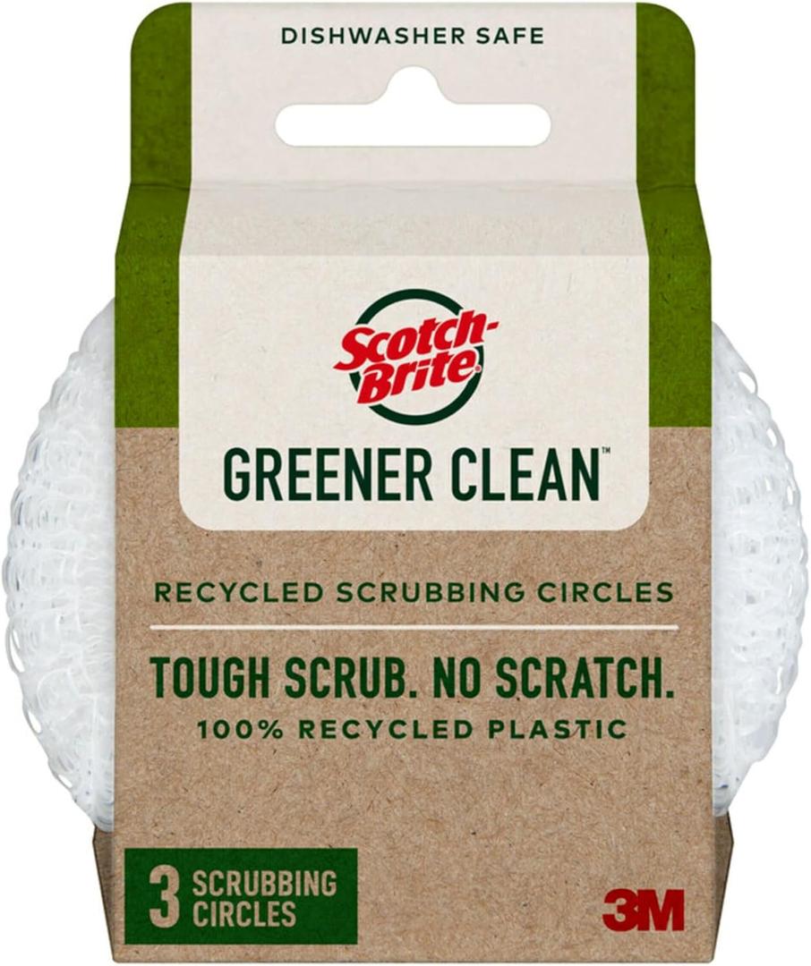 Scotch-Brite Greener Clean Recycled Scrubbing Circles, 3 Dish Scrubbers for Cleaning Kitchen & Scrubbing Fruits or Veggies, Safe on Nonstick Pots and Pans, Glassware, Dishwasher Safe
