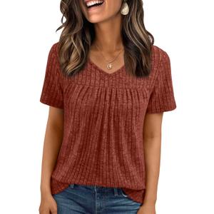 AUTOMET Womens Summer V Neck Babydoll Tops Short Sleeve Shirts | Trendy Summer Office Business Blouses (S)