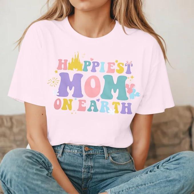 Mom and Dad Shirts Happiest Mama On Earth Shirt Matching Couple Outfit Magic Family Vacation Short Sleeve Tee (X-Large, Pink)