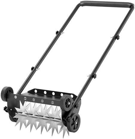 18-Inch Lawn Aerator,Heavy Duty Push Spike Aerator with 4 Wheels,Aerator Lawn Tool with Steel Handle, Manual Aerator Lawn Tool with Foam Armrests, Suitable for Lawn, Garden and Yard