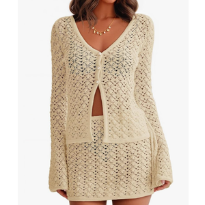 Fisoew Womens Crochet 2 Piece Cover Up V Neck Bell Sleeve Button Cardigan Sheer Mesh Beach Mini Skirt Coverup Set (Small, Khaki)