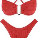 ZAFUL Women's Textured Underwire Bikini Set V Notch High Cut Swimwear Tie Side Ribbed Sexy Swimsuits. Red Small