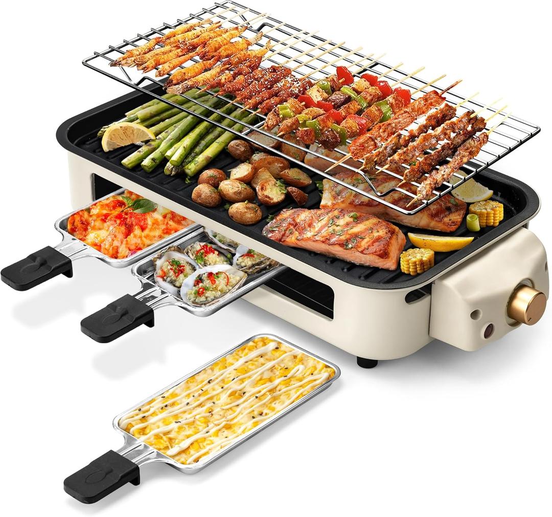 Pukomc Electric Indoor Grill,2 in 1 Indoor Grills for Kitchen with Grill Net & Non-Stick Cooking Removable Plate, Temperature Control, Dishwasher Safe, 1500W Smokeless barbecue (small)