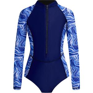 JiAmy Girl's One Piece Rashguard Swimsuit Long Sleeve Zipper UPF 50+ Sun Protection Bathing Suits Swimwear