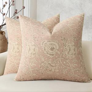 Vintage Floral Print Throw Pillow Covers 18x18 Set of 2 Neutral Modern Farmhouse Pillowcases Accent Decorative Cushion Covers Boho Home Decor for Couch Sofa Chair Bed Living Room, Champagne Pink