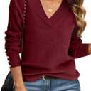 VIMPUNEC Womens Long Sleeve V Neck Sweaters Trendy Lightweight Pullover Fall Knit Jumper Tops (Red, M)
