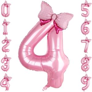 Pink Bow Balloons 40 Inch Pink Number 4 Balloon Jumbo Number 4 Birthday Balloons for Girls, Mini Bowtie Foil Balloon for Princess Cowgirl Mouse Themed 4th Birthday Baby Shower Decorations