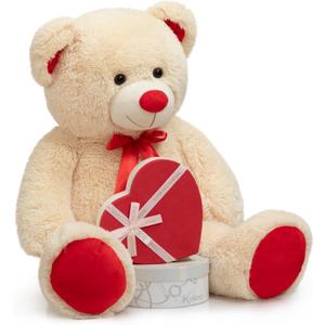 WENMOTDY Huge Teddy Bear Stuffed Animal Giant Teddy Bear Plush with Red Ribbon Bow Day Plush Toy Gift for Girlfriend and Kids 36 inch Beige