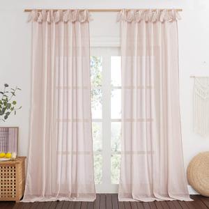 NICETOWN Blush Pink Linen Sheer Curtains 84 inch Length, Adjustable Tie Top DIY Crafted Flax Semi Sheer Privacy with Light Filtering Vertical Drapes for Bedroom/Living Room, W52 x L84