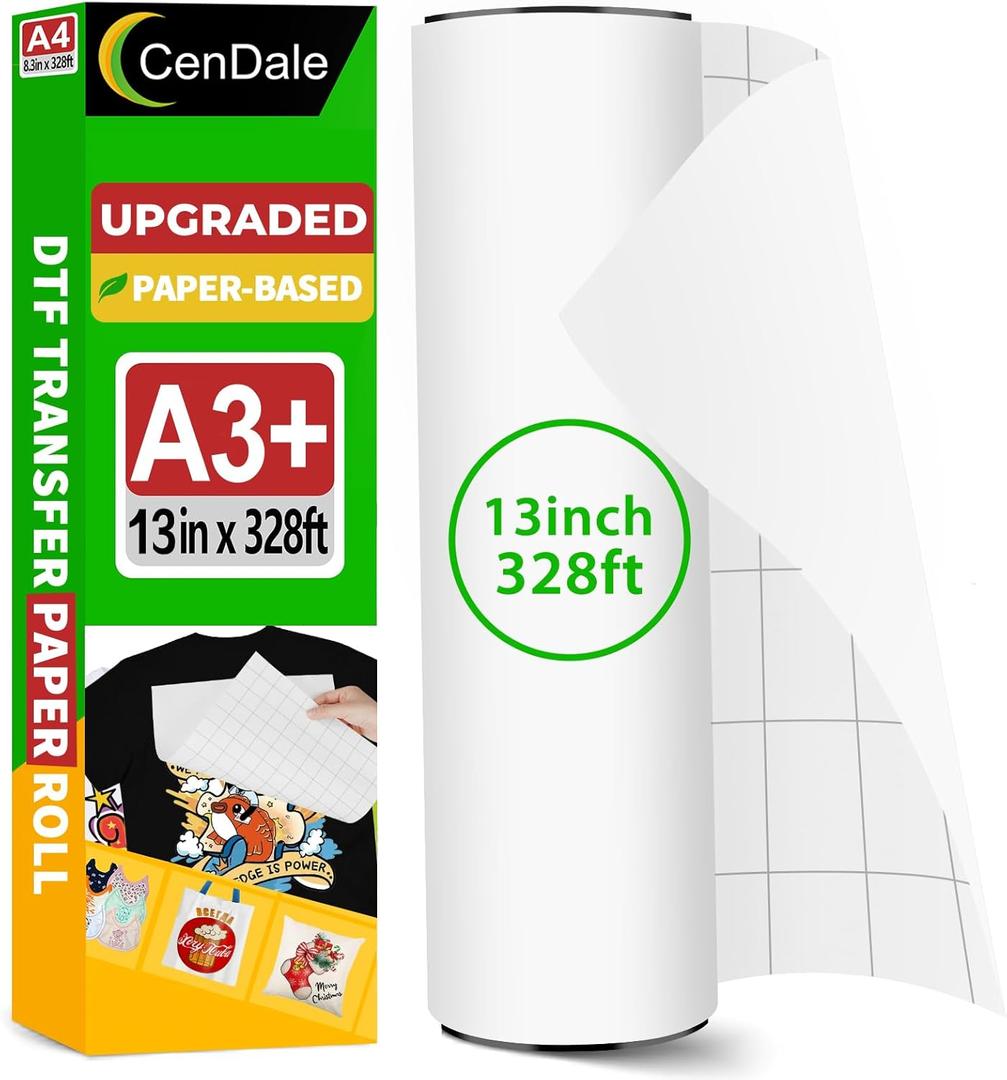Upgraded DTF Paper Roll 13 x 328ft - Paper Based A3+ DTF Transfer Paper Roll for DTG Printer, Eco-Friendly, No Jamming, No Smear, Hot/Cold Peel DTF Roll 13 Inch for Dark & Light Tshirt