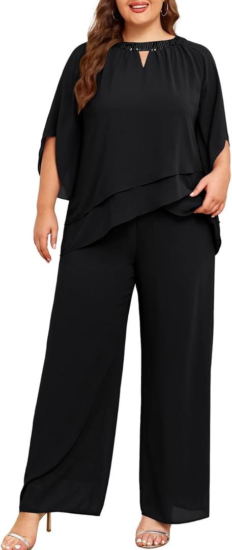 Hanna Nikole Mother of Bride Pant Suits Plus Size Half Sleeve 2 Piece Chiffon Pantsuit Formal Wedding Guest Outfit (20 Plus, Z01-black)