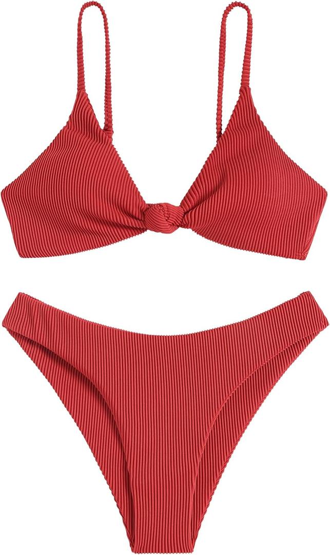 ZAFUL Women's Tie Knot Front Spaghetti Strap High Cut Bikini Set Swimsuit (Medium, 2pc-red)