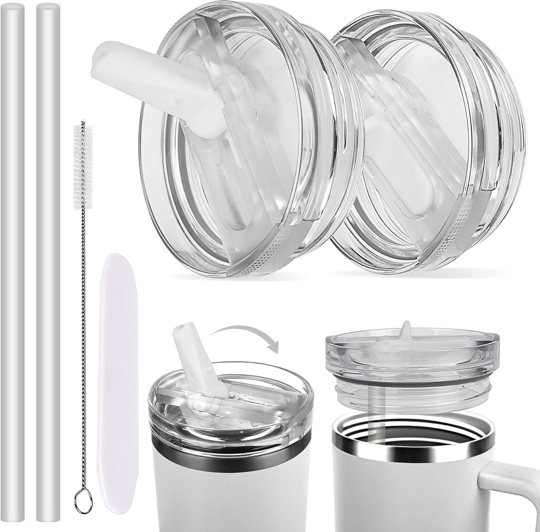 40oz Leak-proof Tumbler Lid Compatible for Stanley, 2 Pack Replacement Tumbler Lids Fit for Stanley Quencher 2.0 Tumbler 40 OZ, with Straws and Cleaning Brush