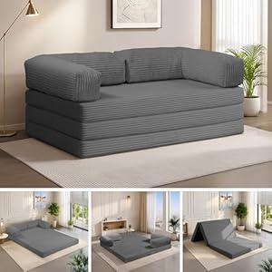 5-in-1 Convertible Sofa Bed Queen,Tri-Fold Mattress with Removable L-Shaped Armrests,Corduroy Boneless Couch Floor Sofa Futon Couch Sleeper with Pull Out Bed for Living Room Bedroom Apartment