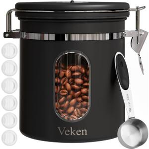 Veken Coffee Canister with Window, Airtight Stainless Steel Kitchen Food Storage Container with Lids, Date Tracker and Scoop for Grounds Coffee, Beans, Tea, Flour, Cereal, Sugar Jars, 16OZ, Black (16 oz, Black)