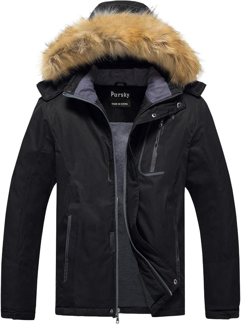 Pursky Men's Waterproof Ski Jacket Winter Snow Coats Fur Hooded Raincoats Parka (Black, L)