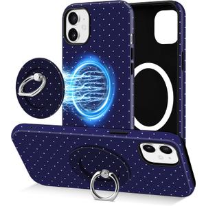 Jusy Compatible with Magsafe Polka Dot Phone Case for iPhone 12/12 Pro, Cute Aesthetic Magnetic Ring Holder Stand Case, Soft TPU and Hard PC Protective Phone Cover for Women Girls - Blue Polka Dot
