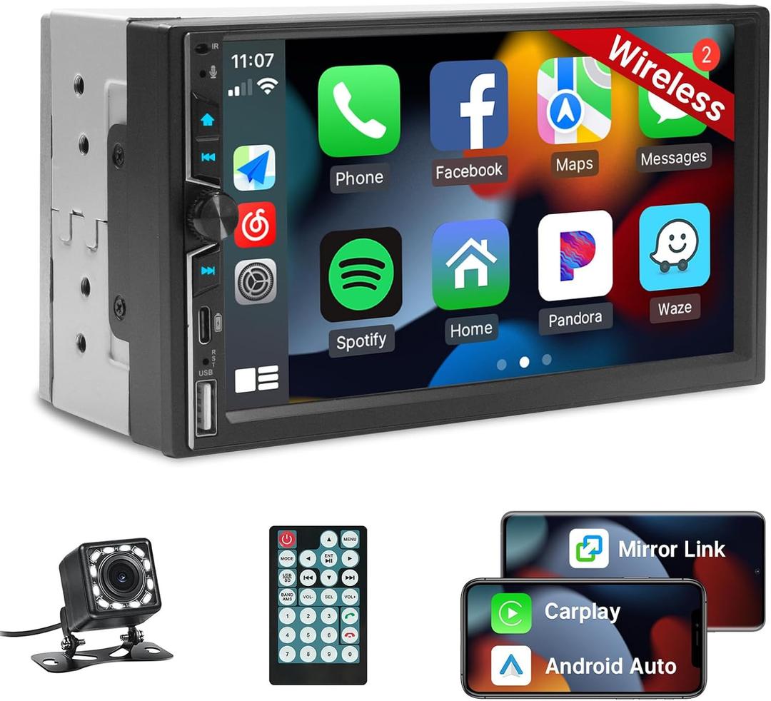 Leadfan Wireless Double Din Car Stereo with Apple Carplay, 7inch Touchscreen Double Din Radio Car Audio Receivers with Android Auto, Bluetooth, Backup Camera, SWC, FM, USB, Subwoofers