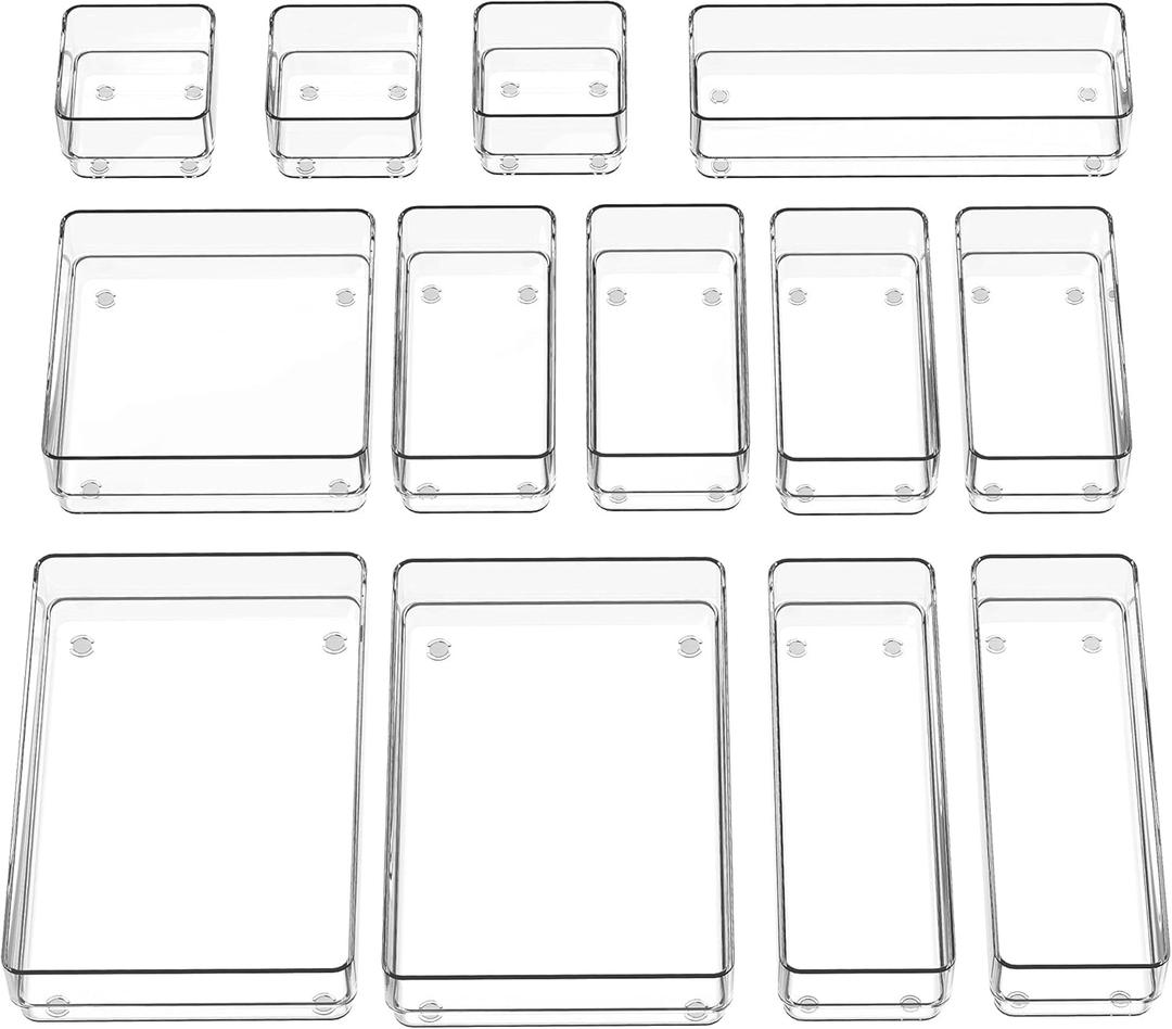 SMARTAKE 13-Piece Drawer Organizer with Non-Slip Silicone Pads, 5-Size Desk Drawer Organizer Trays Storage Tray for Makeup, Jewelries, Utensils in Bedroom Dresser, Office and Kitchen (Clear)