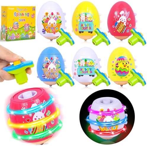 6 Pack Easter Basket Stuffers Easter Eggs for Toddler Boys Girls, LED Light Up Spinning Tops Easter Toys with Flash & Music, Eggs for Easter Egg Hunt Easter Gifts for Kids Party Favors