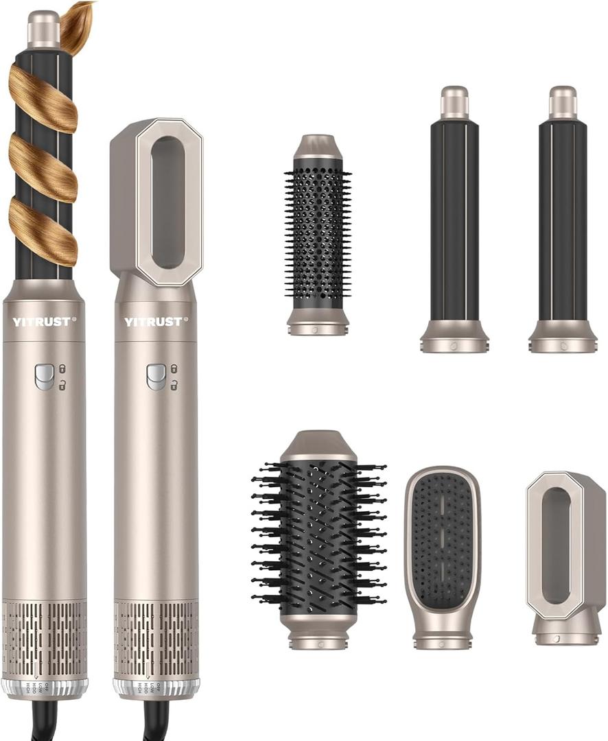 6 in 1 Hair Dryer Brush 60000RPM Hair Styler 1000W Hair Styling Tools Negative Ionic Blow Dryer Brush Fast Drying Left&Right Automatic Curling Wand Oval Hot Air Brush Hair Straightener Glove Golden