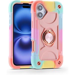MARKILL Compatible with iPhone 16 Plus Case 6.7 Inch with 360 Degree Rotate Ring Stand, Military Grade Drop Protection Full Body Rugged Protective iPhone 16 Plus Case Kids (Rainbow Pink)