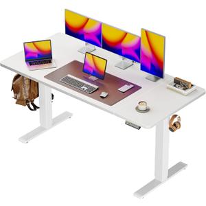 Huuger 55 x 28 Large Electric Standing Desk, Height Adjustable Copmuter Desk, 27.6" Deep Desktop, Stand up Gaming Office Table with 2 Hooks, 3 Preset Heights, for Home Office, White