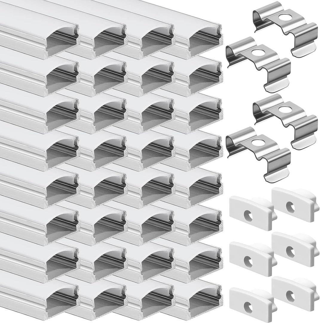 60 Pack 3.3FT 1Meter U Shape LED Strip Aluminum Channel Diffuser System with Cover, End Caps and Mounting Clips, Easy Cut Installed Curved Profile, Aluminum Profile for LED Strip Light Installations
