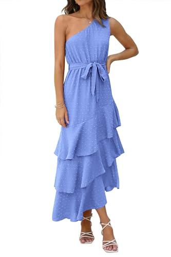 PRETTYGARDEN Women's Summer Floral Sundress Casual One Shoulder Tiered Ruffle Flowy Midi Beach Boho Dresses (Swiss Dot Blue, Medium)