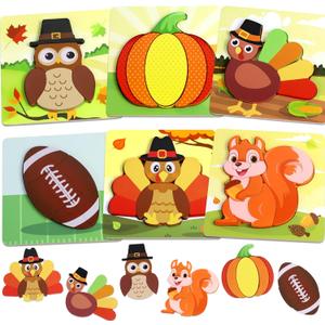 6 Pack Thanksgiving Wooden Puzzle for Toddlers, Thanksgiving Toys Jigsaw Puzzles for Thanksgiving Activities Party Favors Games Kids Boys Girls Thanksgiving Gifts Supplies