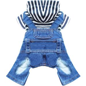 Small Dog Hoodie Clothes Cute Stripe Shirts Denim Jumpsuit One-Piece Outfit for Small, Medium Dogs Cats Boy, Girl Chihuahua, Blue Jeans, Overalls Puppy Costume (Blue, M)