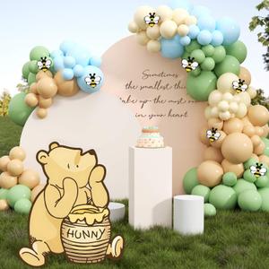 Classic Winnie Bear Baby Shower Birthday Decorations Cutout Large 27.5Inch | Neutral Pooh Bear Coroplast Cutout Prop with Stand, Balloons, Bee Stickers, Winnie Gender Reveal First Birthday Photo Props