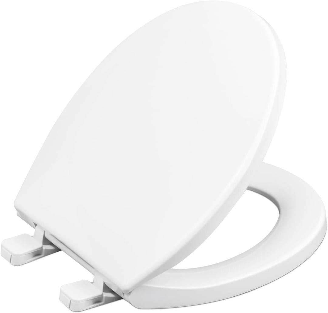 Toilet seat Round with Slow Close Hinges, Four Bumpers, Two Sets of Parts, White Toilet seat Round, Slow Close, Never Loosen and Easily Remove, Plastic, White