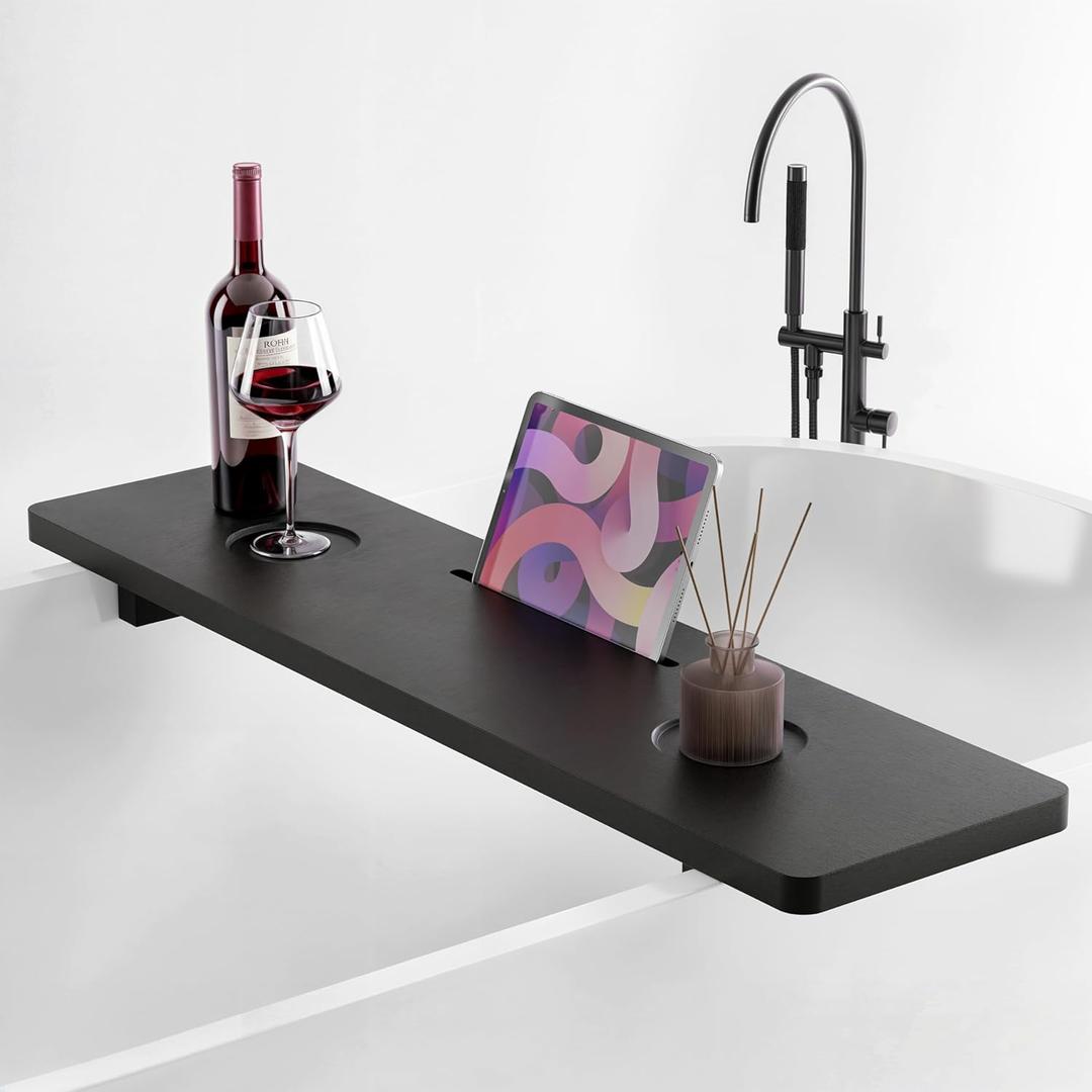 Tinamo Black Bathtub Caddy Tray Table | 35x9x2.5 Inch Large Bath Tub Tray Wooden | Anti-Tipping, Sustainable Tub Tray for Bathtub | Bathtub Accessories Holders for Bathtub (Acacia Wood)