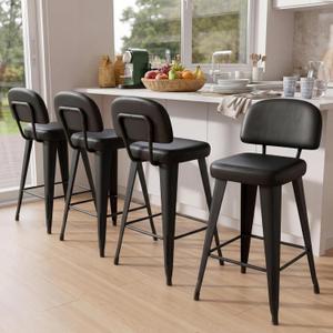 Yongchuang 24" Bar Stools Set of 4, Black Faux Leather Counter Height Stools with Back Metal Legs Modern Upholstered Kitchen Island Bar Chairs