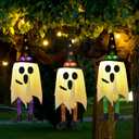 3pcs Halloween Hanging Ghosts Outdoor Decorations, Ghosts of Halloween with Witch Hat Outdoor, Hanging Ghost Decor, Glowing Ghost Witch Hat Lights for Porch Yard Patio Tree Garden Party