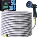 50FT 5/8'' Garden Hose, 304 Stainless Steel Water Hose, Flexible with a 10-Mode Nozzle Sprayer, No Kink, Lightweight, Puncture Proof Metal Hose, Ideal for Yard, Lawn, Outdoor