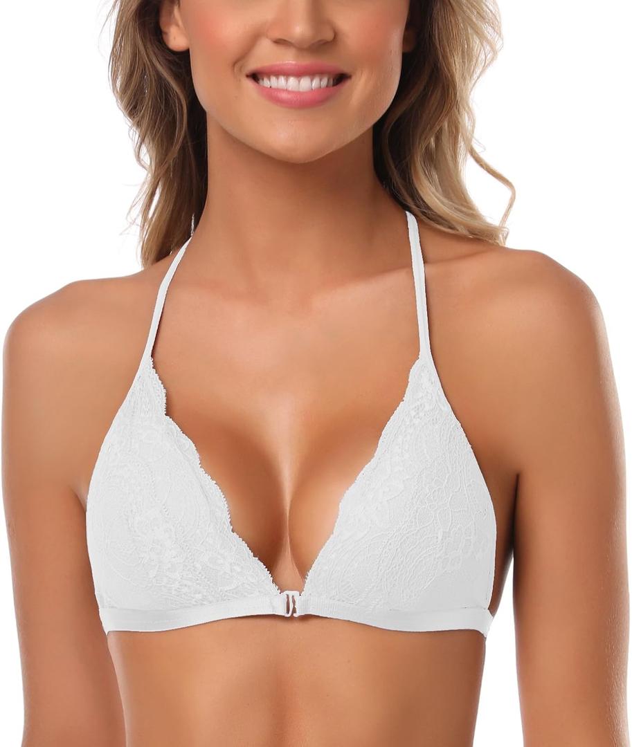 SHEKINI Women's Embroidered Triangle Bra Front Closure Plunge Wireless Lightly Lined Lace Bralette Top (White, XS)
