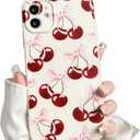 NITITOP Compatible with iPhone 11 Case Aesthetic Cute Bow Knot Cherry Pattern for Women Girls Trendy Bowknot Ribbon Slim Fit TPU Bumper Shockproof Full Camera Protection Cover - White