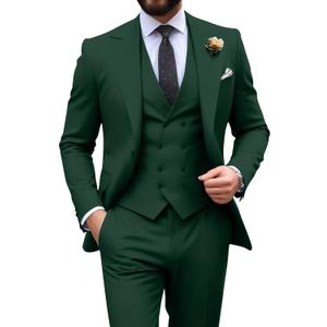 Mens Suit Slim Fit 3 Piece Double Breasted Suit Men Formal Tuxedo Set Casual Wedding Prom Groom Suits (Large, Dark Green)