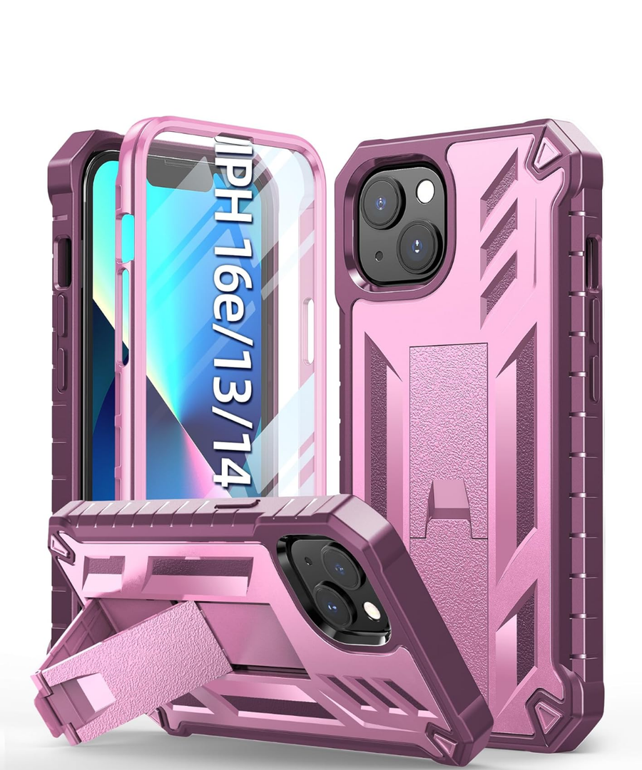 for iPhone 13/14 Protective Case: for iPhone 16e Cover with Built-in Kickstand | Heavy Duty Military Grade Hard Protection Shock Proof | Durable Dual-Layer Design Rose