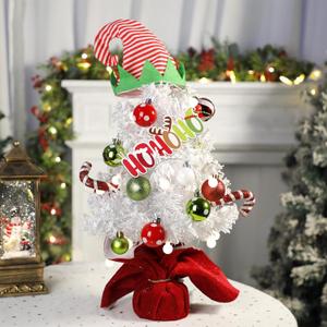 22 inch Snow Flocked Mini Christmas Tree with Lights, Mini Prelit Artificial Fake Xmas Tree Table Top with Hat Toppper Ball Ornaments for Desk Room Office Holiday Party Home Decor
