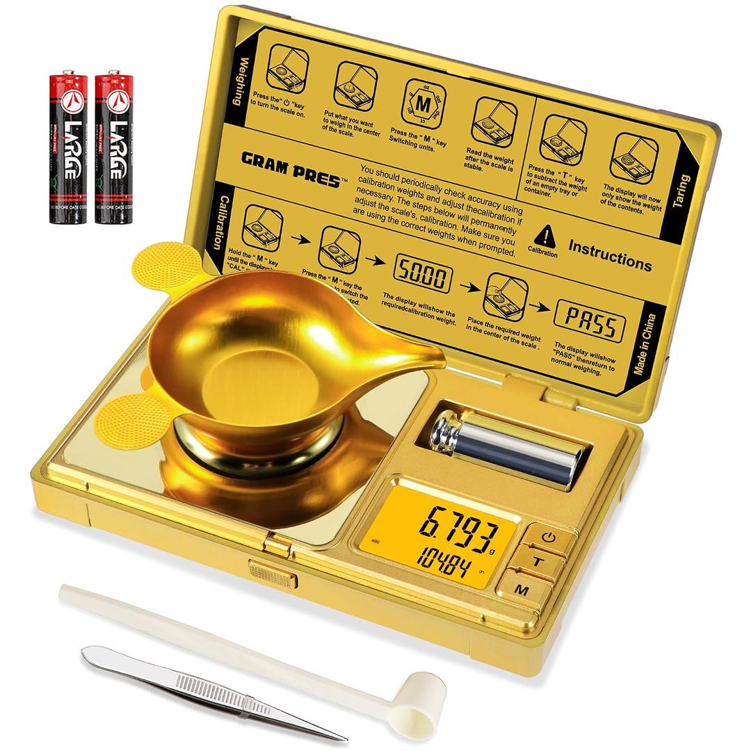 GRAM PRES High Precision Milligram Scale,50g/0.001g Digital Mini Pocket Gram Scale,Mg Scale for Weighing Powders,Jewelry, Medicine, Gem, Reloading,Gold Scale with Cal Weight, Tweezer and Tray