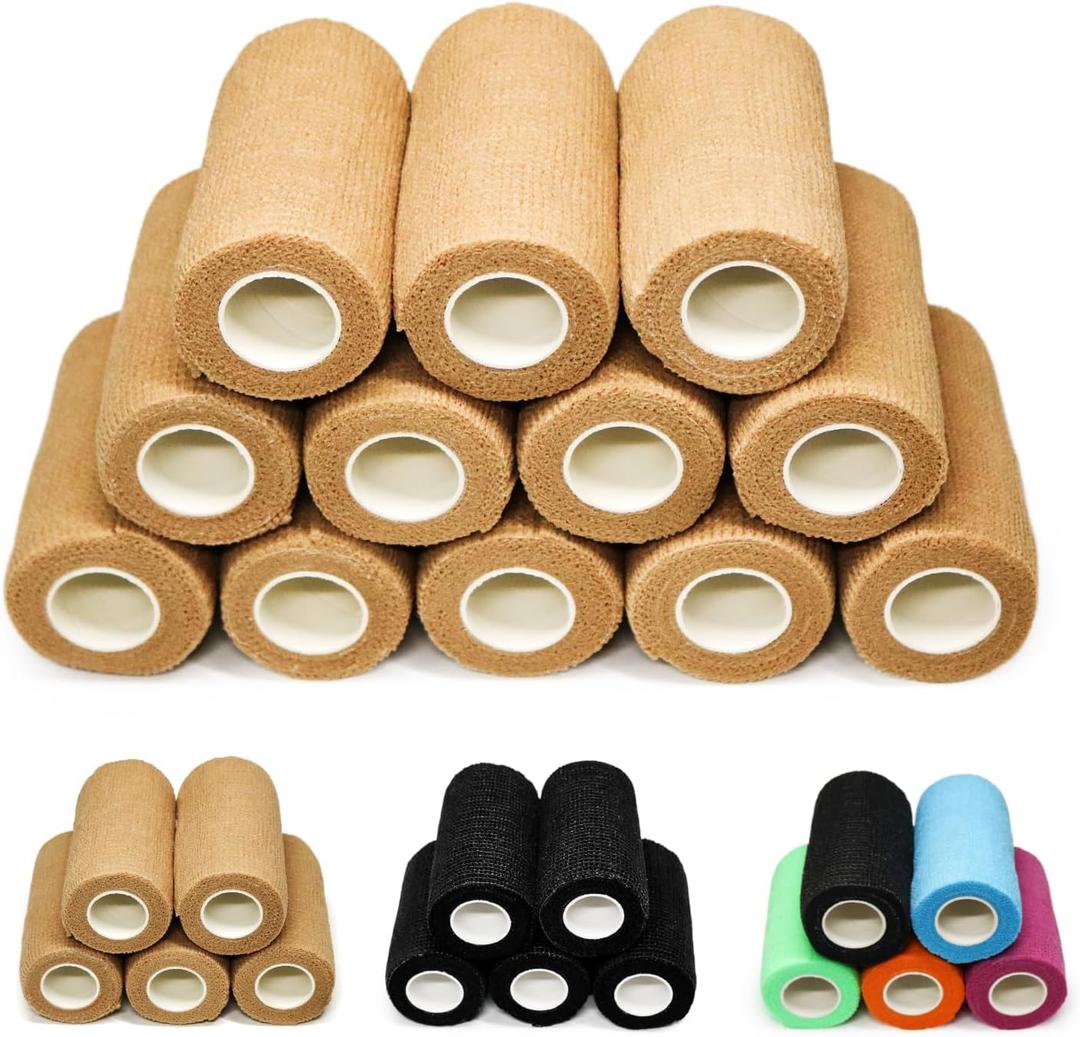 OZER 12 Pack 4 Inch x 5 Yards Self Adhesive Bandage Breathable Cohesive Bandage Wrap Rolls Elastic Self-Adherent Tape for Stretch Athletic, Sports, Wrist, Ankle (Tan)