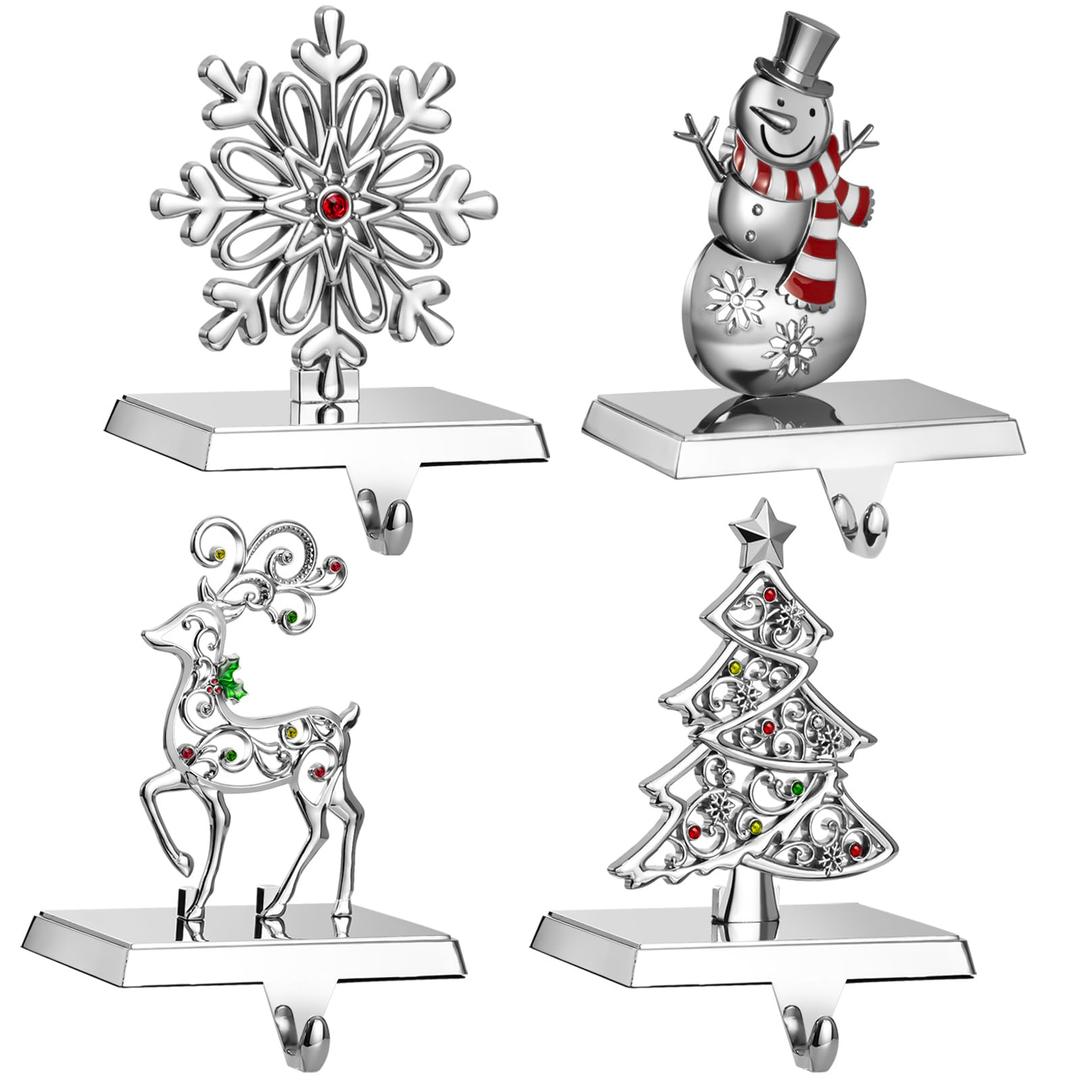 GUOER 4 Pack Snowflake Christmas Stocking Holder Set for Mantle Christmas Decorations Mantle Fireplace Topper-Snowman Reindeer and Christmas Tree Hangers Decorative Metal Hanger (Red Rhinestone)